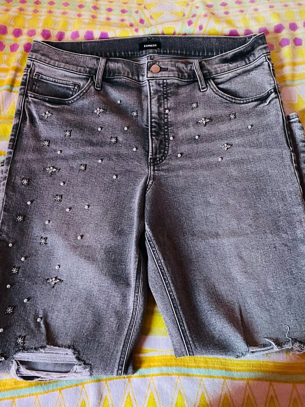 Express Women's Gray Jeweled Distressed Jeans